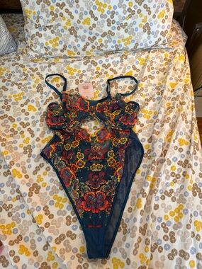 SavageXFenty Floral Embroidered Navy One-Piece Lingerie Bodysuit